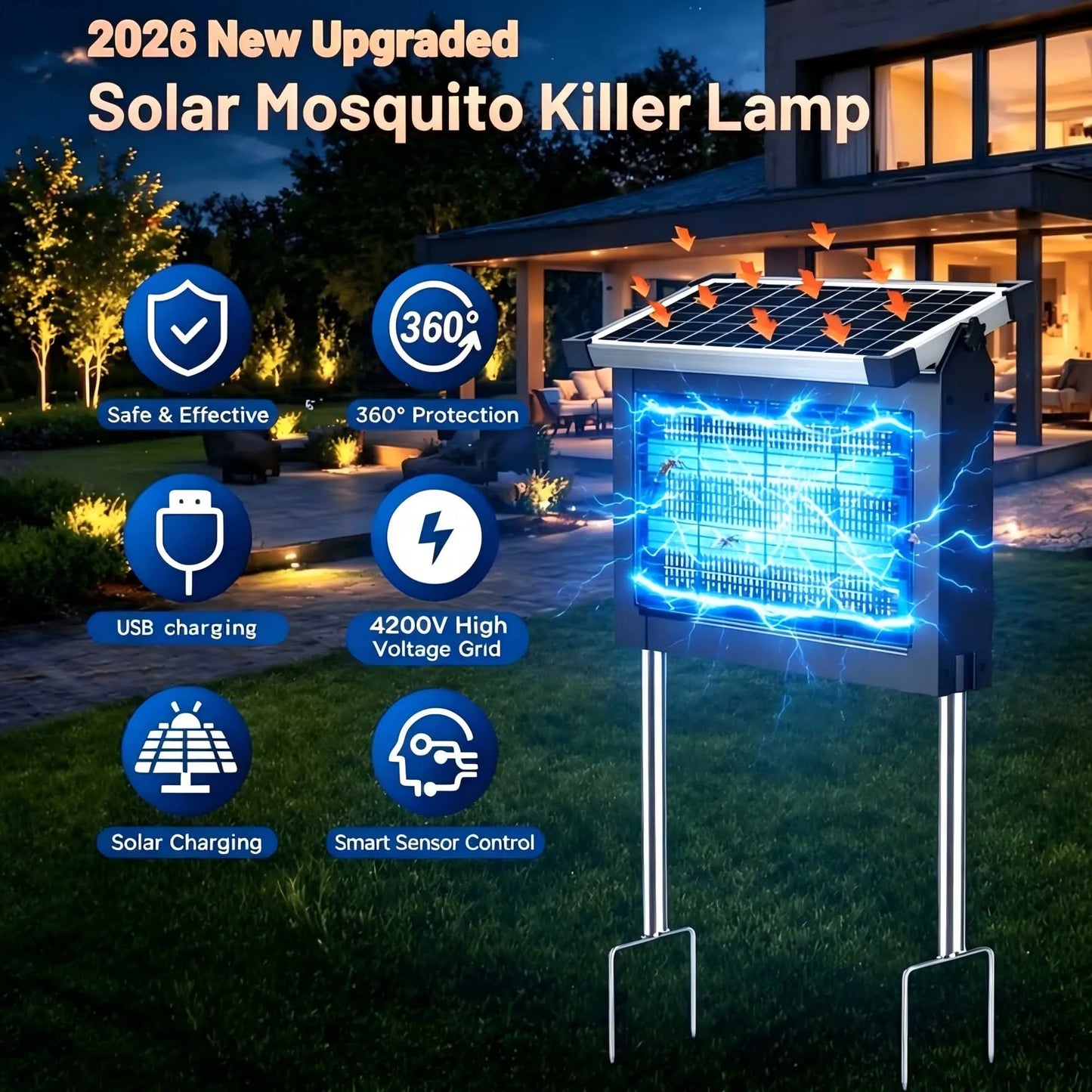 Solar Bug Zapper Outdoor 4500V Mosquito Killer for Garden Patio