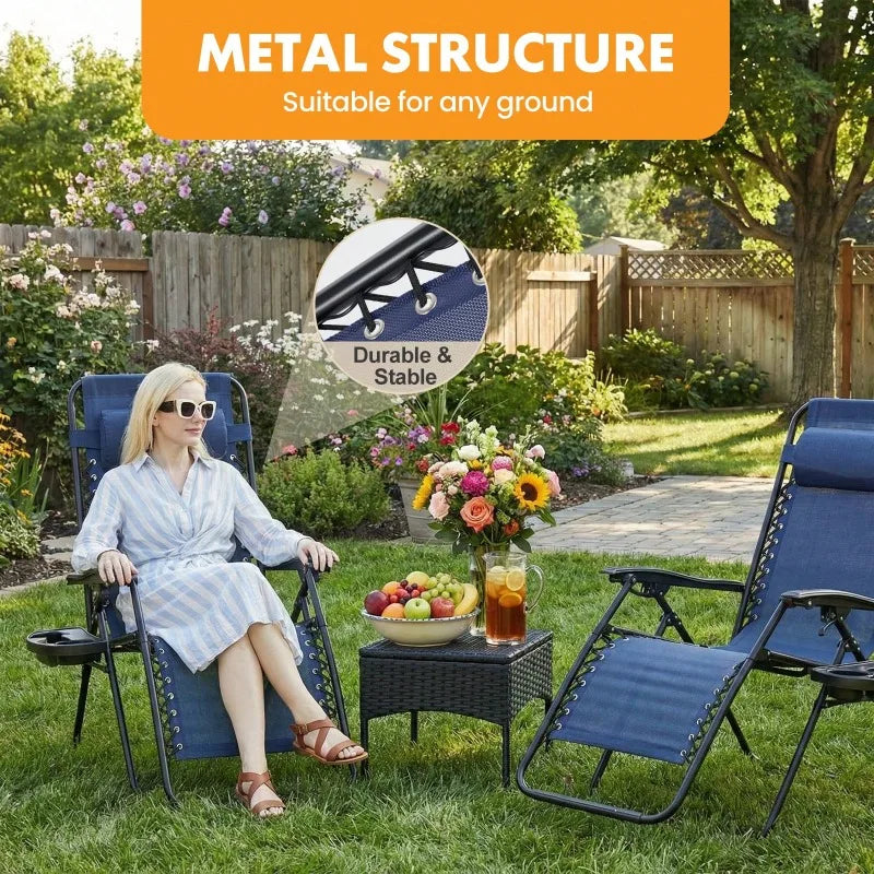 2PC Folding Chaise Lounge, Outdoor Sun Tanning Chairs With Pillow, Zero Gravity Chairs With Reclining Back Cup Holder, Steel Frame & Breathable Mesh For Beach, Yard, Patio, Poolside