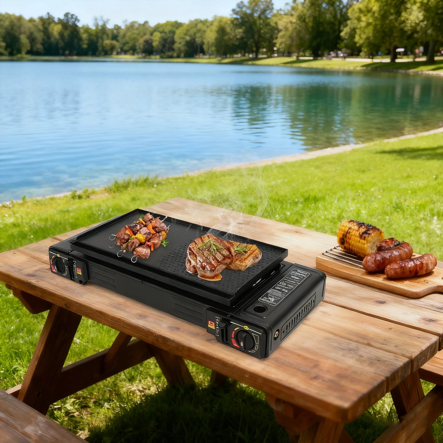 Portable Two Burner Camping Gas Stove With Baking Tray