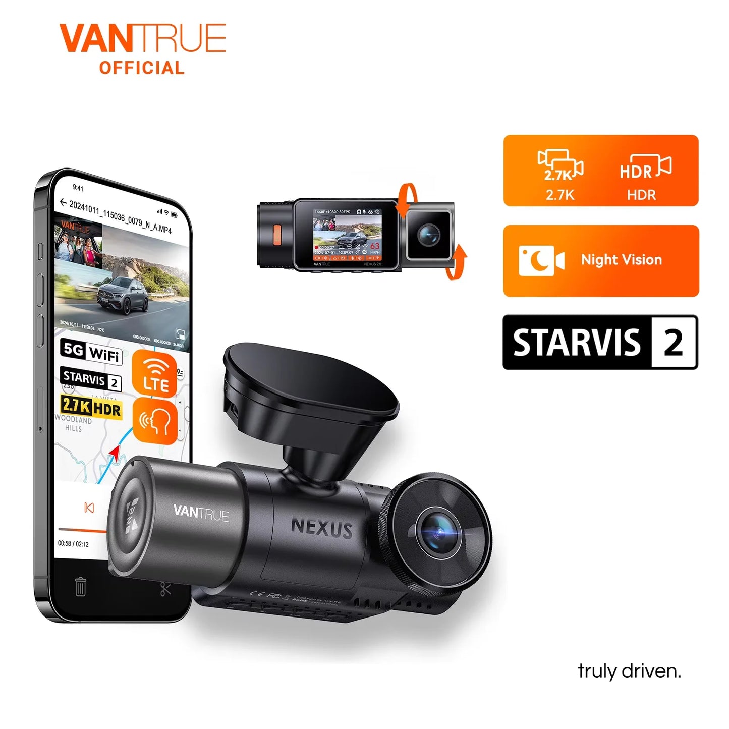 Vantrue N2X 2.7K HDR Dashboard Camera Dual 5G WiFi GPS