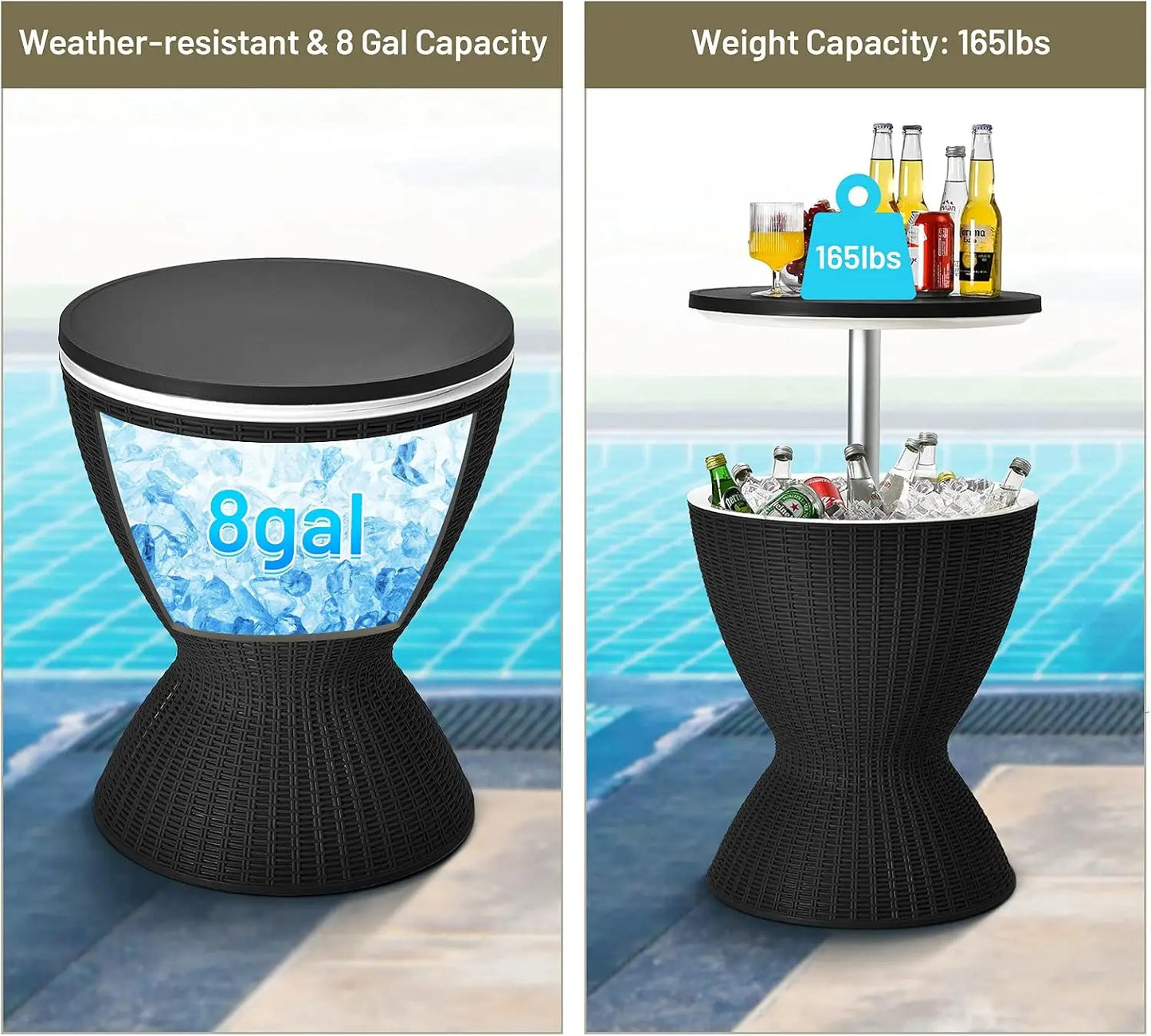 Outdoor Cooler Bar Table Multi Functional Adjustable Height Ice Bucket Side Table With Drain Plug 8 Gallon Patio Beverage Container Mimic Rattan Furniture For Pool Parties Backyard Picnic