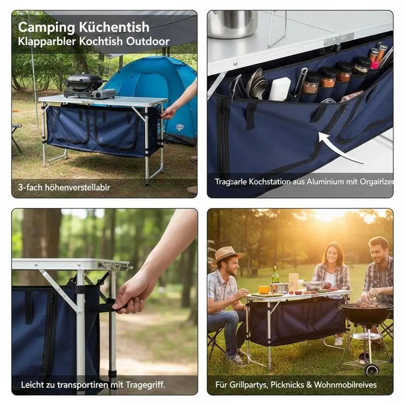 Camping Kitchen Table, Folding Outdoor Cooking Table, 3 Adjustable Height, Aluminum Lightweight Portable Cook Station with Storage Organizer, Carry Handle, for BBQ Party Picnic RV Travel, Blue