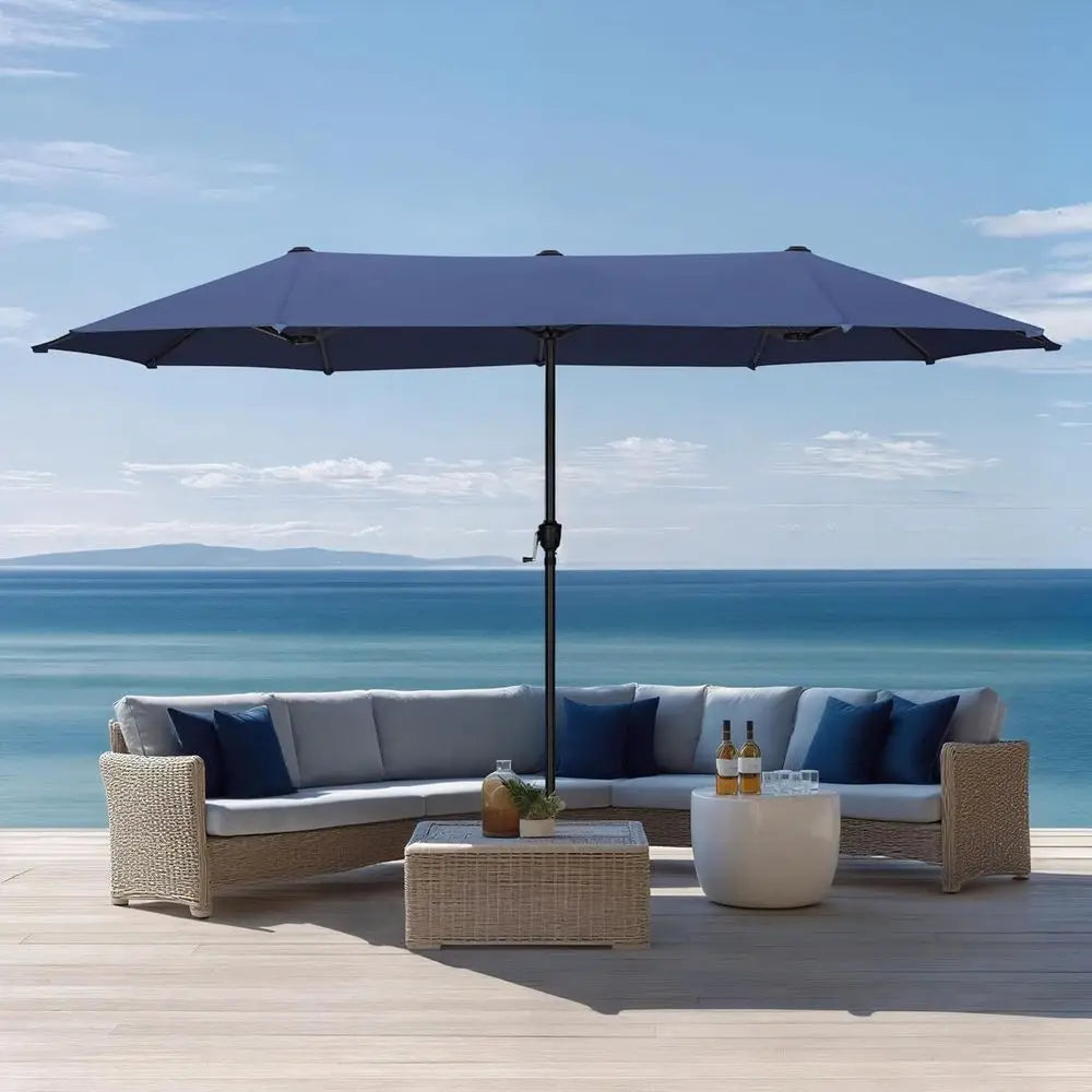 Large Navy Blue Double-Sided Patio Umbrella for Outdoor Deck, Garden, and Pool Use