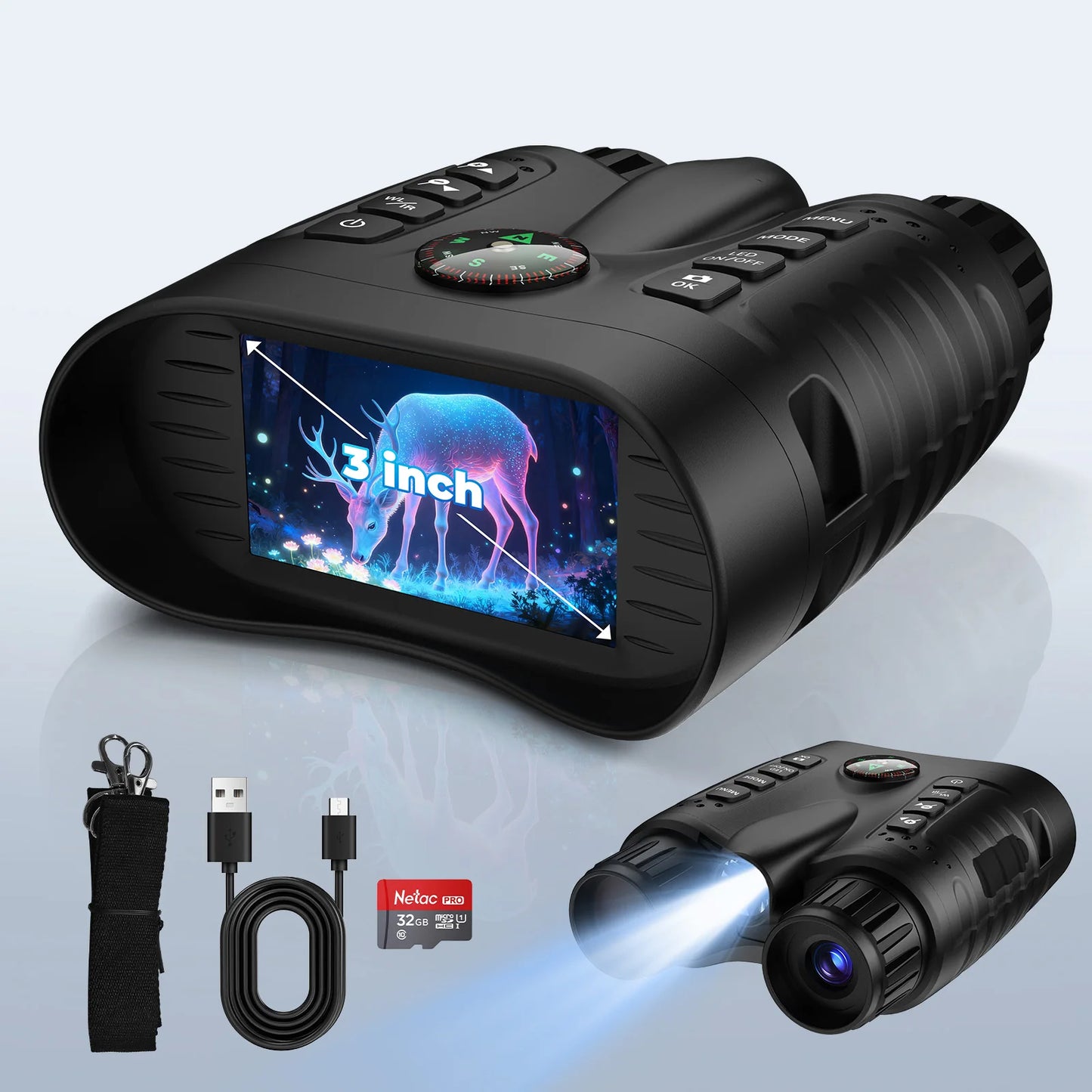 NV2185 36MP 4K Night Vision Binoculars 400m Darkness Detection Range Telescope 8x with Mechanical Compass External White LED