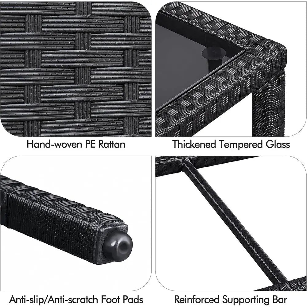 All-Weather Rattan Outdoor Side Table with Tempered Glass Top for Patio or Garden, Black