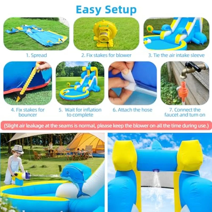 Iatable Water Slide: 4 in 1 Bounce House Water Park Dolphin Style for - Climbing Wall Splash Pool Water Cannon - 370W Blower -