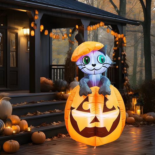 Joyfy Animated Cat On Pumpkin Halloween Inflatable Yard Decoration