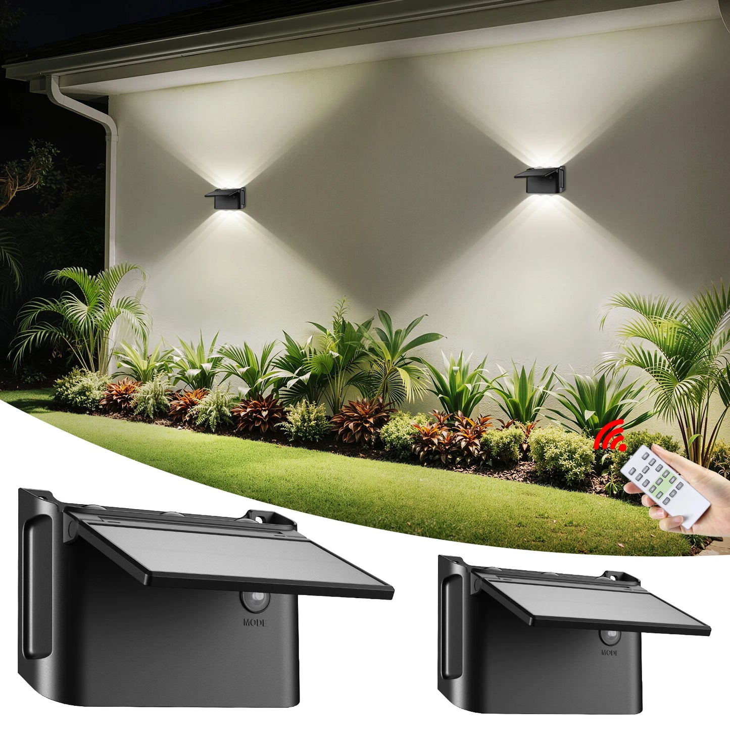 intelamp Solar Wall Lights 2 Pack with Remote, 3 Color Modes, IP65 | Customizable Up/Down lighting, IP65 Waterproof Solar Lamp for Outdoor Walls, Fences, Patios and Entryways