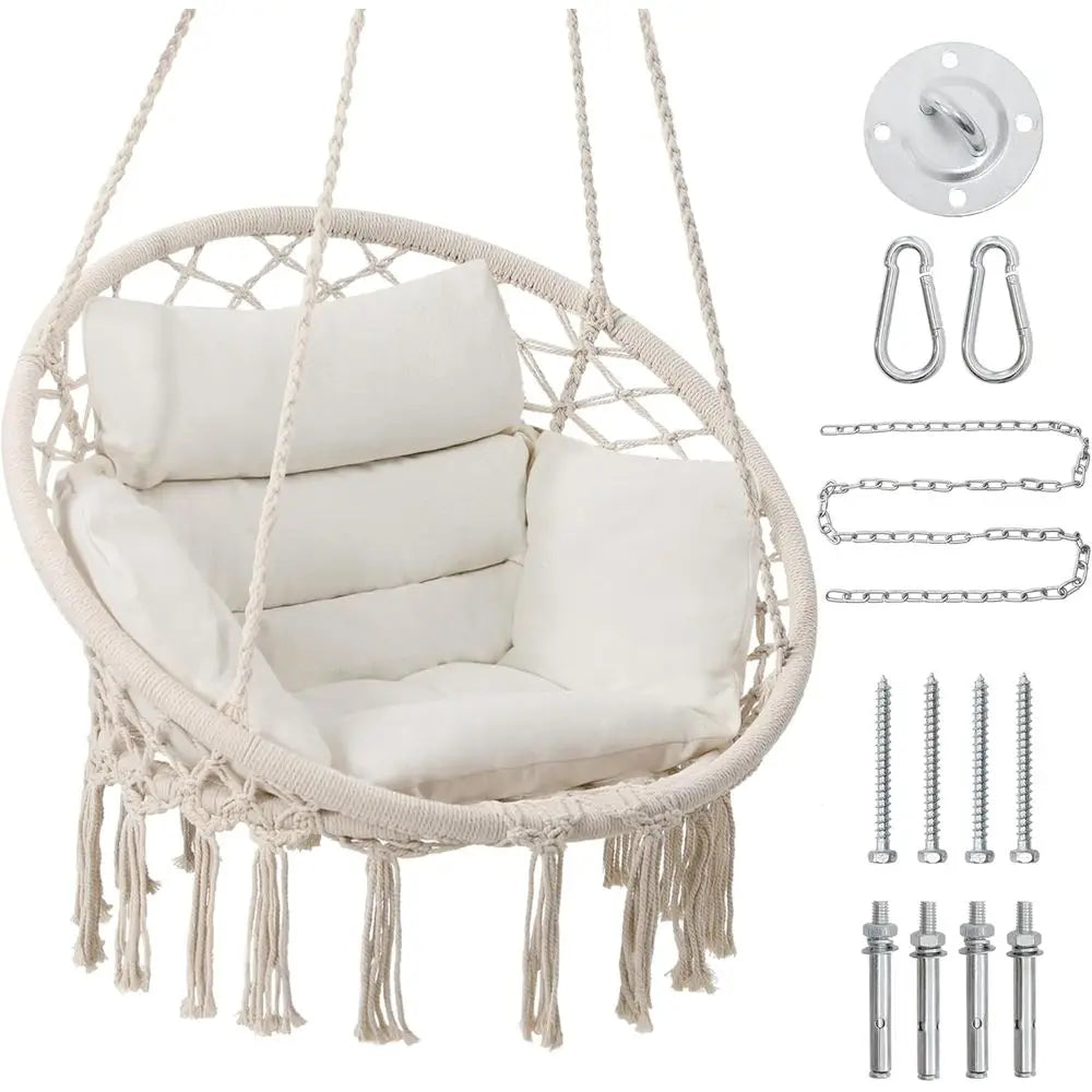 Hammock Chair Swing Chair with Medium Cushion, Hanging Chair for Bedroom, Indoor, Outdoor, Balcony, Porch, Beige