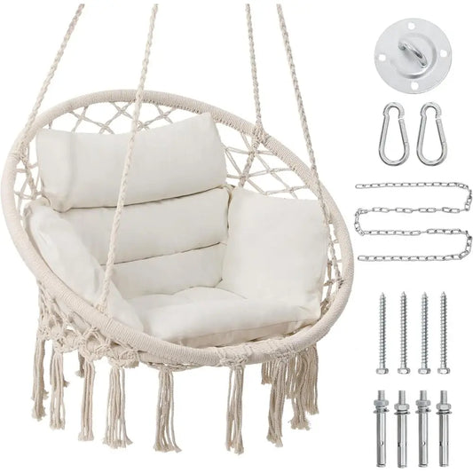 Hammock Chair Swing Chair with Medium Cushion, Hanging Chair for Bedroom, Indoor, Outdoor, Balcony, Porch, Beige
