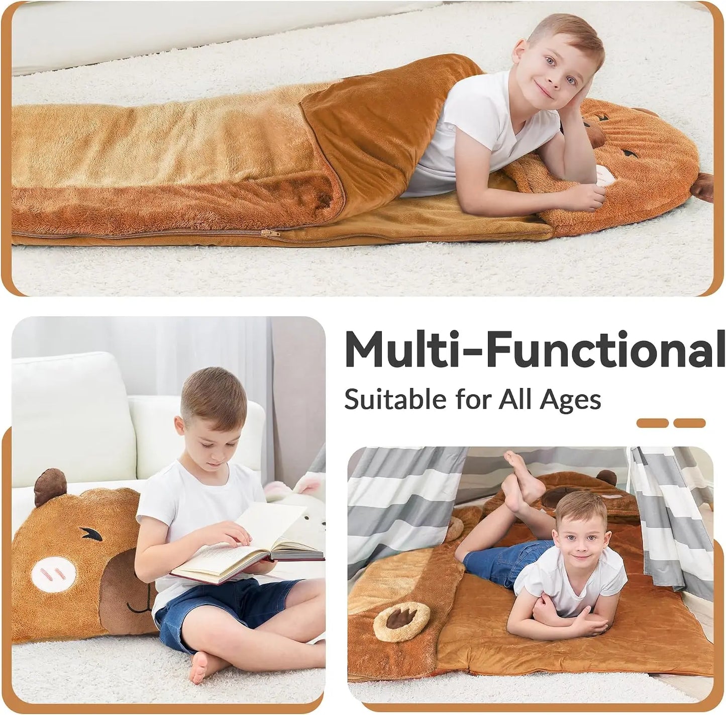 Kids Sleeping Bag, Plush Capybara Nap Mat, 2-in-1 Pillow, Travel Sleepover, Gift for Ages 3-12