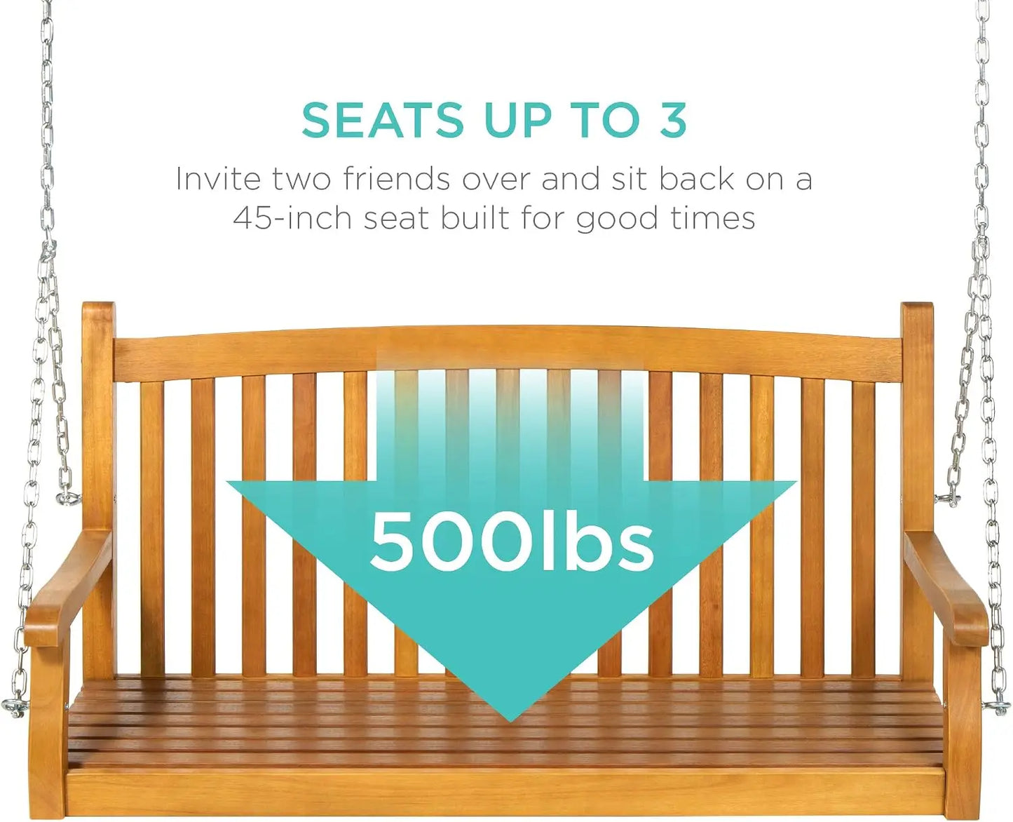 48 Inch Wood Porch Swing Outdoor Patio Hanging Bench Chair Furniture For Deck Garden Yard With Mounting Chains, Ergonomic Curved Back Design Two Seater Loveseat Glider, Brown