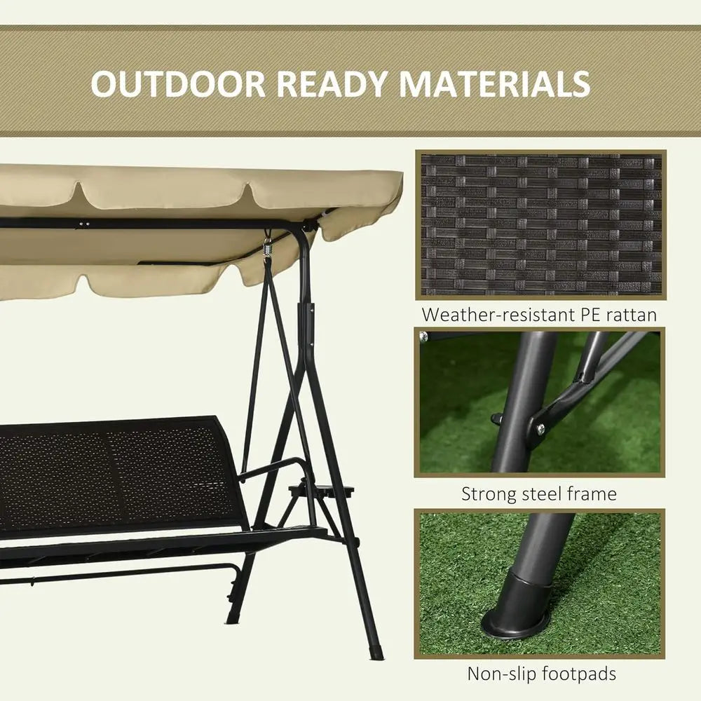 3-Seat Outdoor Swing Chair with Adjustable Shade, Removable Cushion, and Rattan Seat for Garden, Porch, Backyard, and Poolside