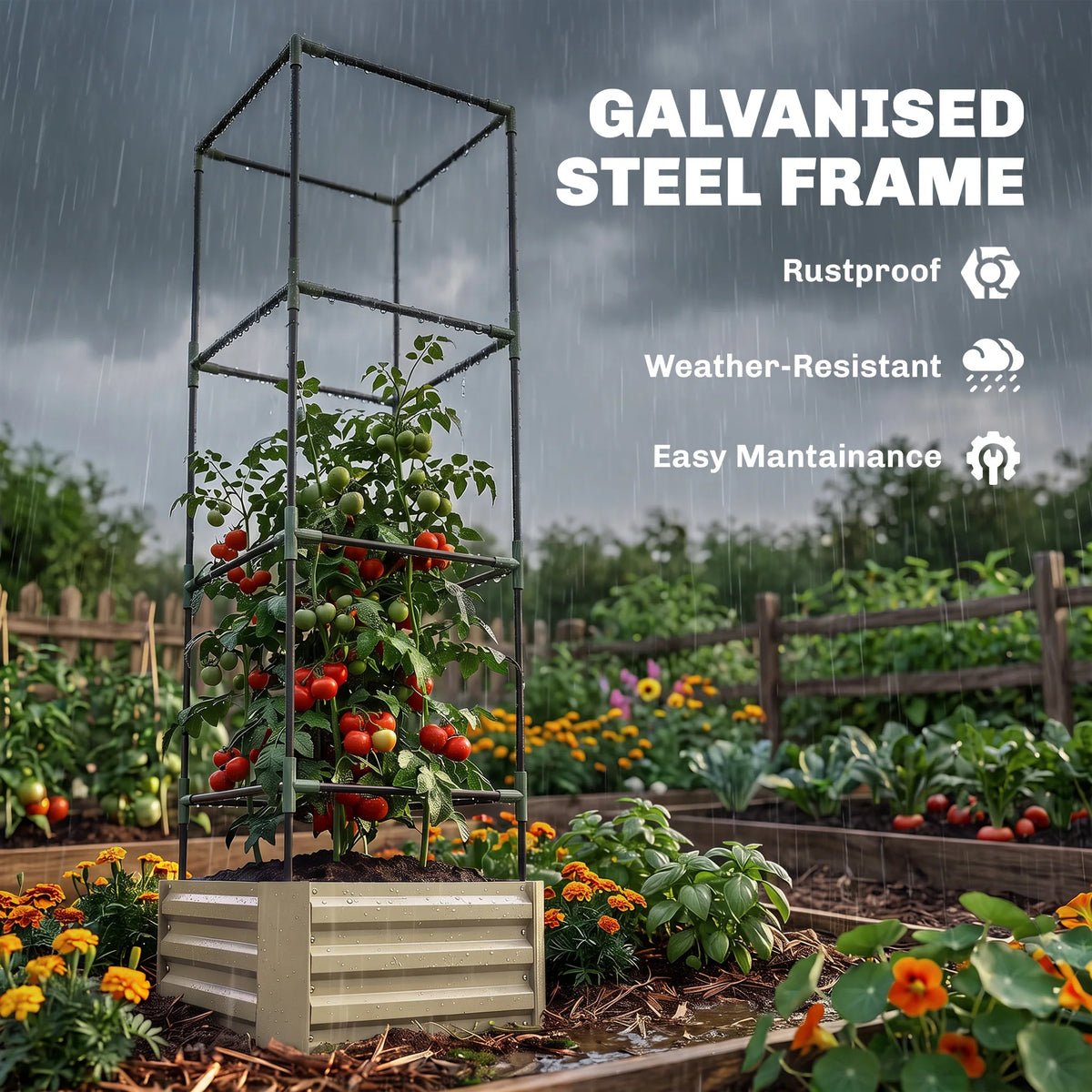 Galvanized Raised Garden Bed with Tomato Cage, Open Bottom, Cream