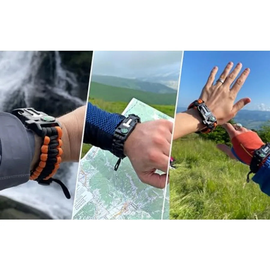 Paracord Survival Bracelet 2 Pack Flint Steel Fire Starter, Whistle, Compass, Mini Saw Adjustable Wrist Band Size for Camping,