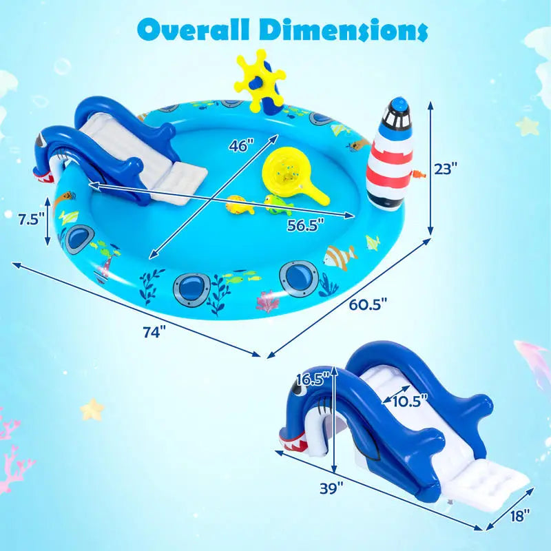 Inflatable Play Center Marine Life Spray Pool with Shark-shaped Slide Lighthouse Sprinkle