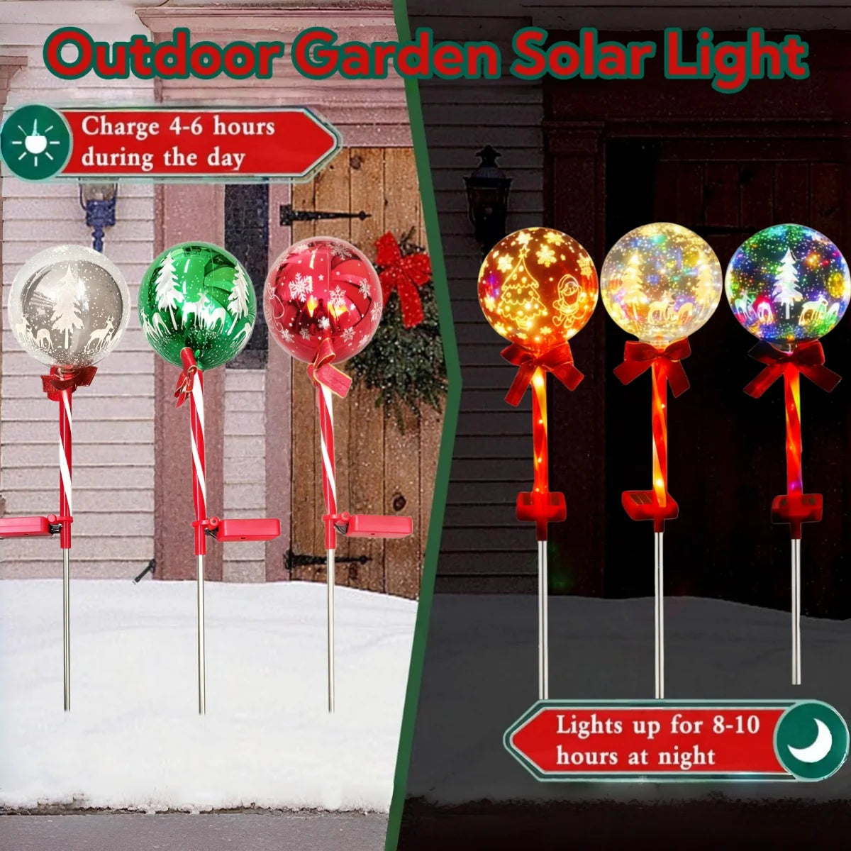 Outside Solar Christmas Lights, Christmas Garden Solar Ball Pile Light, Garden Christmas Tree Snowflake Elk Santa Claus Pile Lantern Ball, for Garden Pathway Home Cemetery Decorations