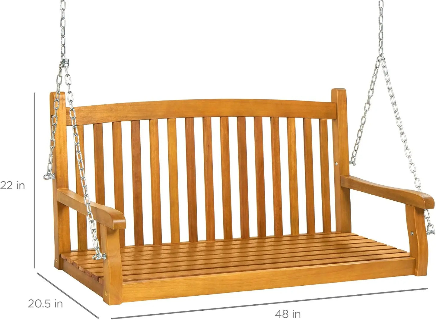 48 Inch Wood Porch Swing Outdoor Patio Hanging Bench Chair Furniture For Deck Garden Yard With Mounting Chains, Ergonomic Curved Back Design Two Seater Loveseat Glider, Brown