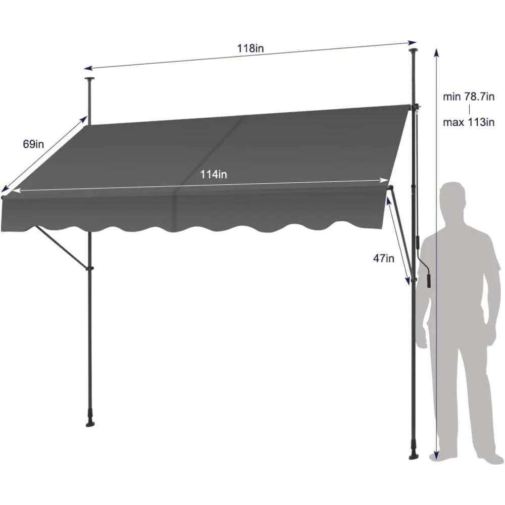 Manual Retractable Awning, 118-Inch Adjustable Sunshade for Patio Door, UV Protection Canopy for Backyard Garden Balcony - Gray