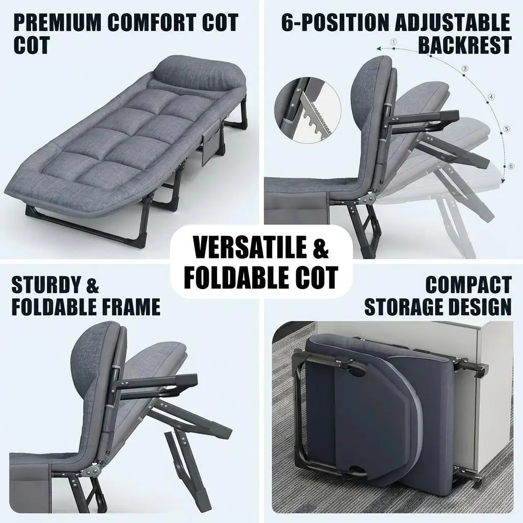 Portable Folding Bed Camping Cot with Soft Padded Mattress 6-Position Adjustable Reclining Sleeping Lounger Heavy Duty Metal Frame for Office Nap Outdoor Travel Guest Space Saving Space