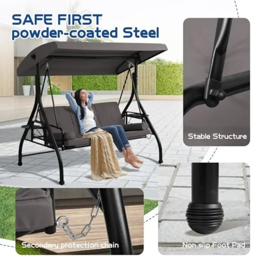 3-Seat Outdoor Porch Swing With Patio Stand And Convertible Bed
