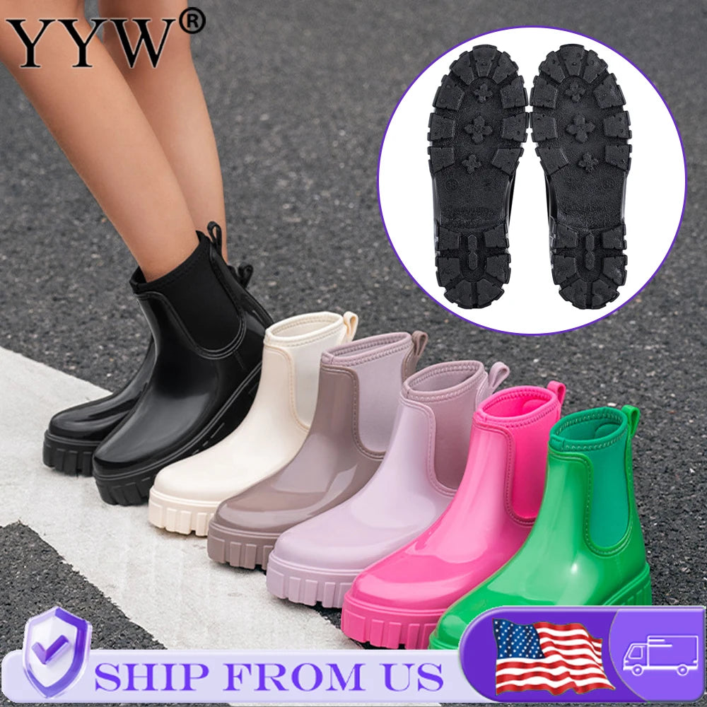 Women Waterproof PVC Rain Ankle Boots Anti Slip Thick Sole