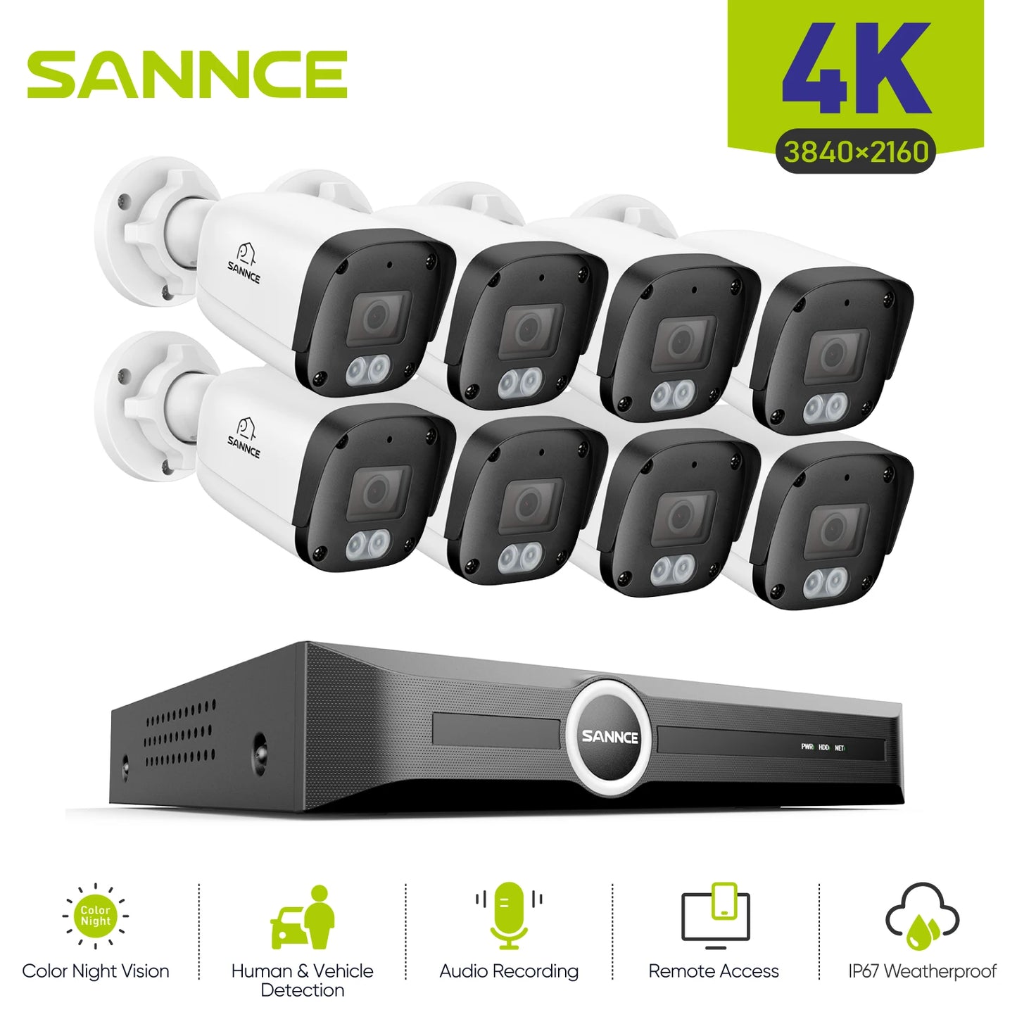 SANNCE 8MP PoE Security Camera Outdoor, IP67 8CH NVR with 2.8mm 4K Bullet Cameras, H.265 Built-in Mic, AI Human Vehicle Detection, Dual Light Night Vision Home Surveillance Cameras ONVIF