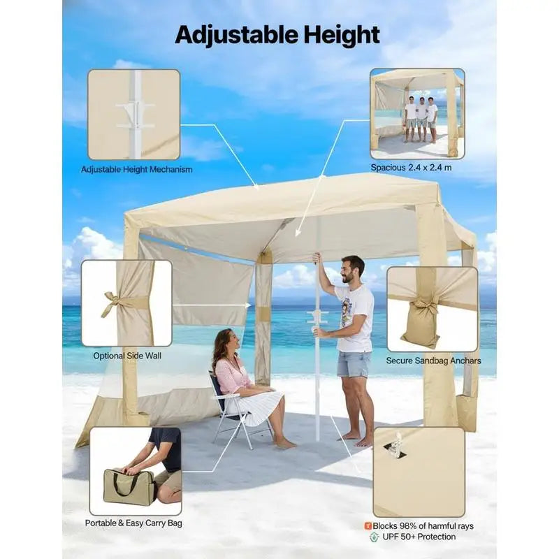 Beach Cabana, 8 x 8 ft Beach Canopy with Side Wall, UPF 50+ Protection Easy Setup Cabana Tent with Sand Pockets, Adjustable Height Portable Shade Sun Shelter Umbrella for Family & Friends, Khaki