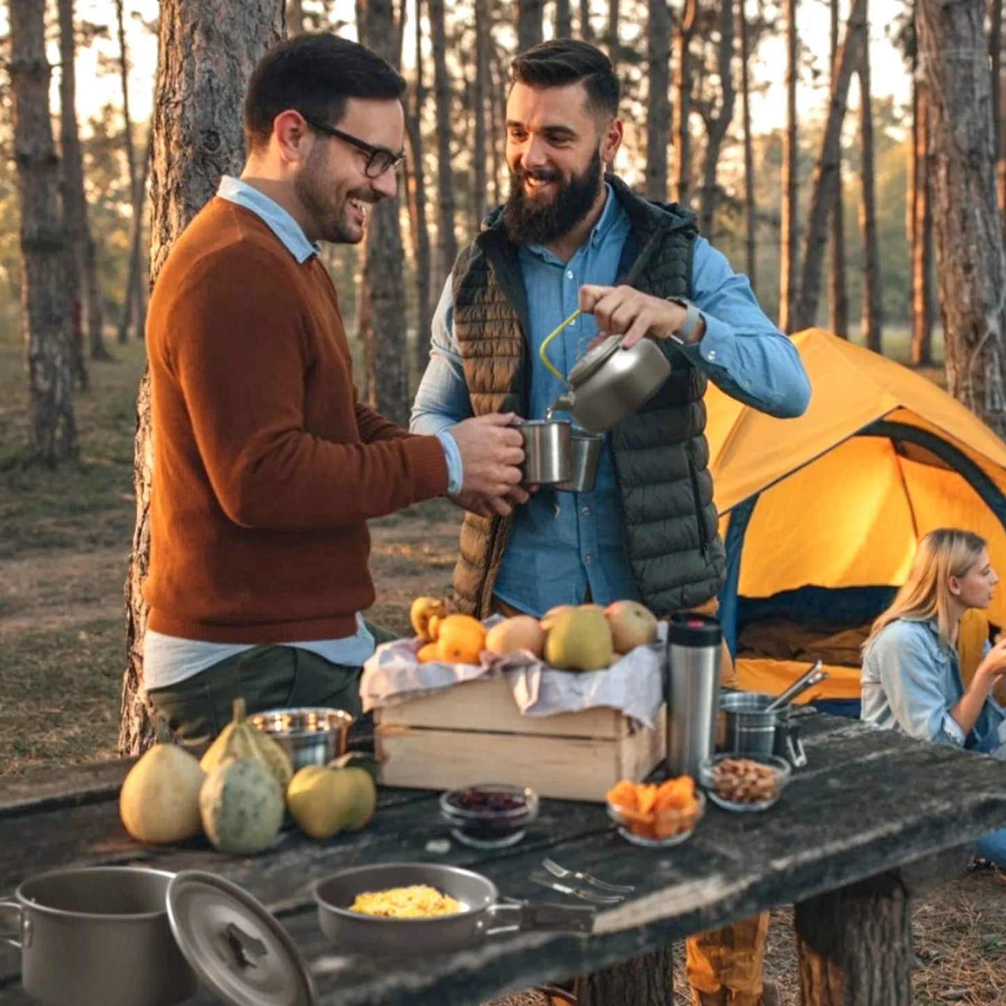 12Pcs Camping Cookware Set, Lightweight Hard Anodized Aluminum Pot Pan Kettle Kit with 304 Stainless Steel Foldable Cutlery & Cups, Heat Resistant Foldable Handles, Portable Storage Bags & Carabiner for Backpacking Hiking Pic