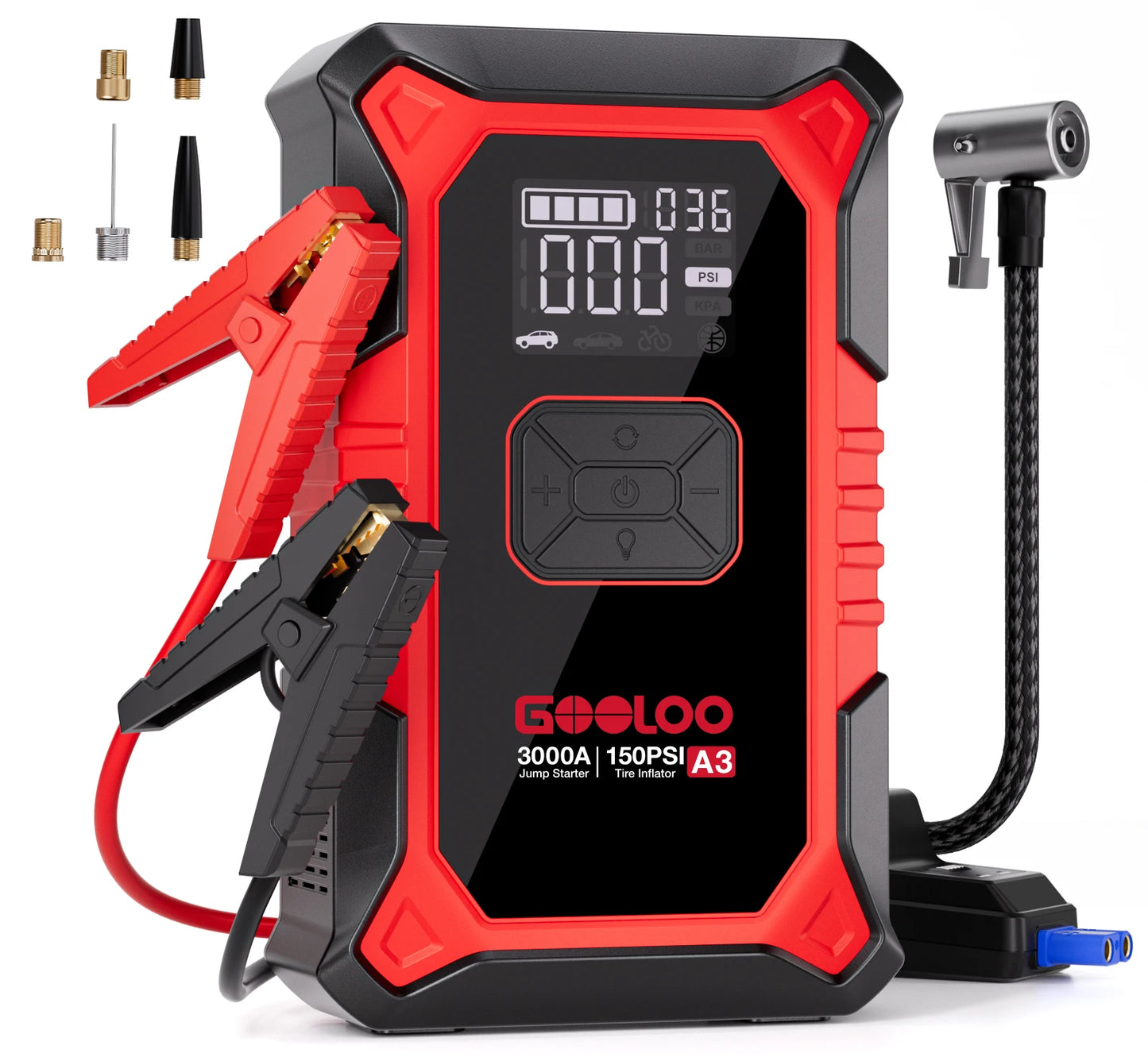 GOOLOO A3 Jump Starter with Air Compressor, 3000A Portable Car Battery Booster (9.0 Gas/6.5L Diesel) with 150PSI Auto-Shutoff Ti