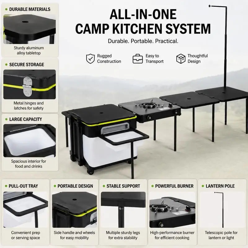 Portable Outdoor Mobile Kitchen With Wheels, Camping Box With Integrated Cooking Station, Folding Table And Storage Organizer, Steel Construction, Black, 65L Capacity, 18.5x17.7x20 Inch