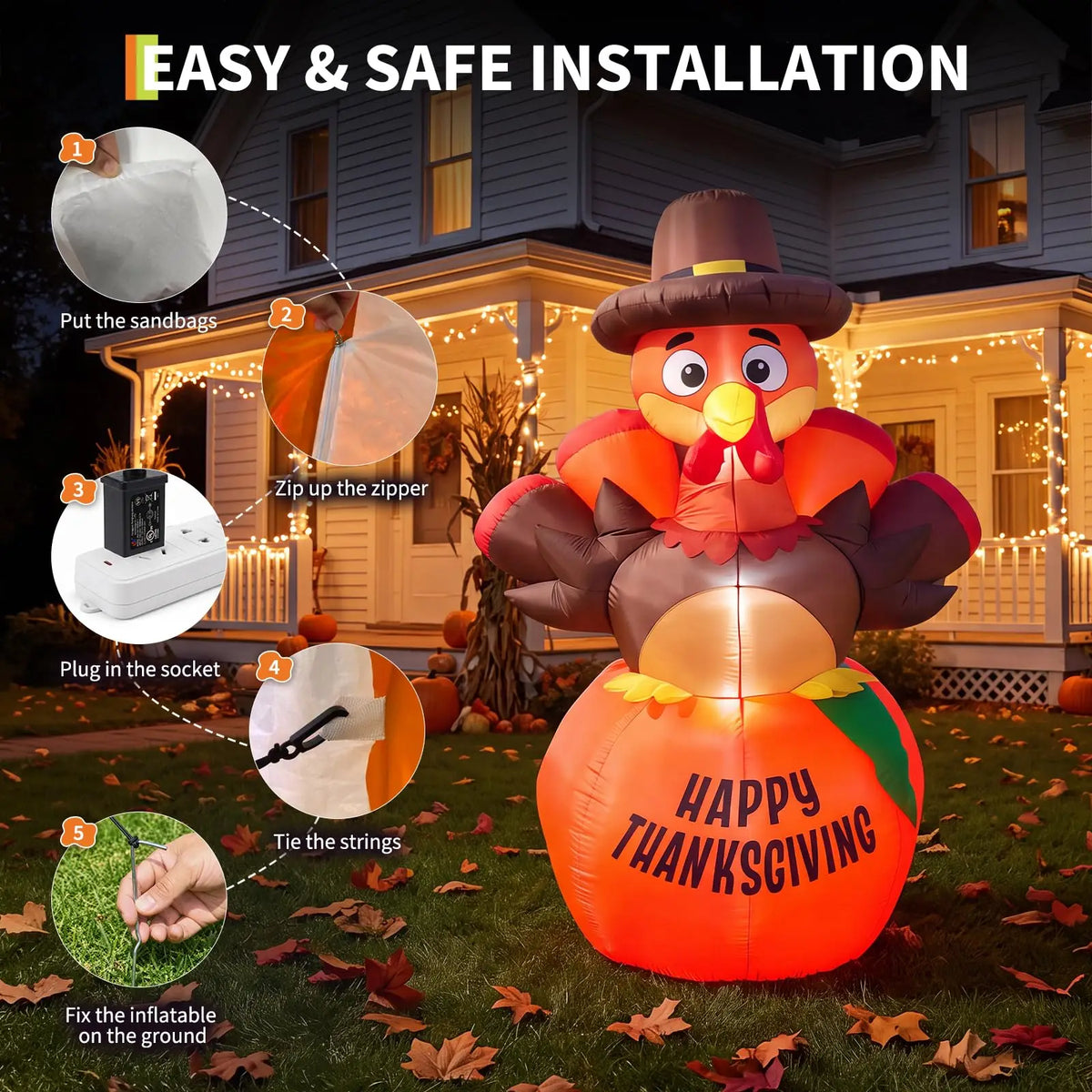 HiMISS Thanksgiving Pumpkin Turkey Inflatable Yard Decor With LED Lights