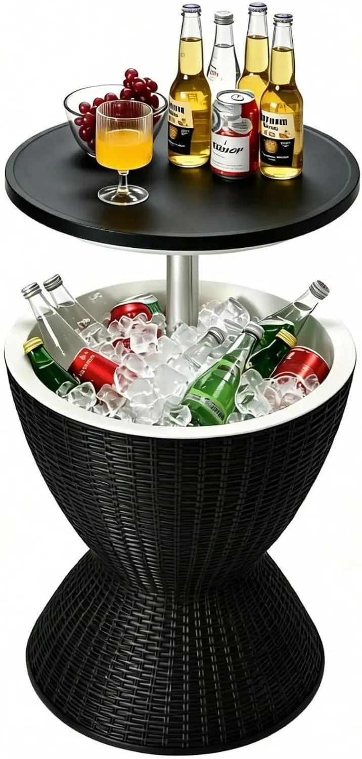 Outdoor Cooler Bar Table Multi Functional Adjustable Height Ice Bucket Side Table With Drain Plug 8 Gallon Patio Beverage Container Mimic Rattan Furniture For Pool Parties Backyard Picnic