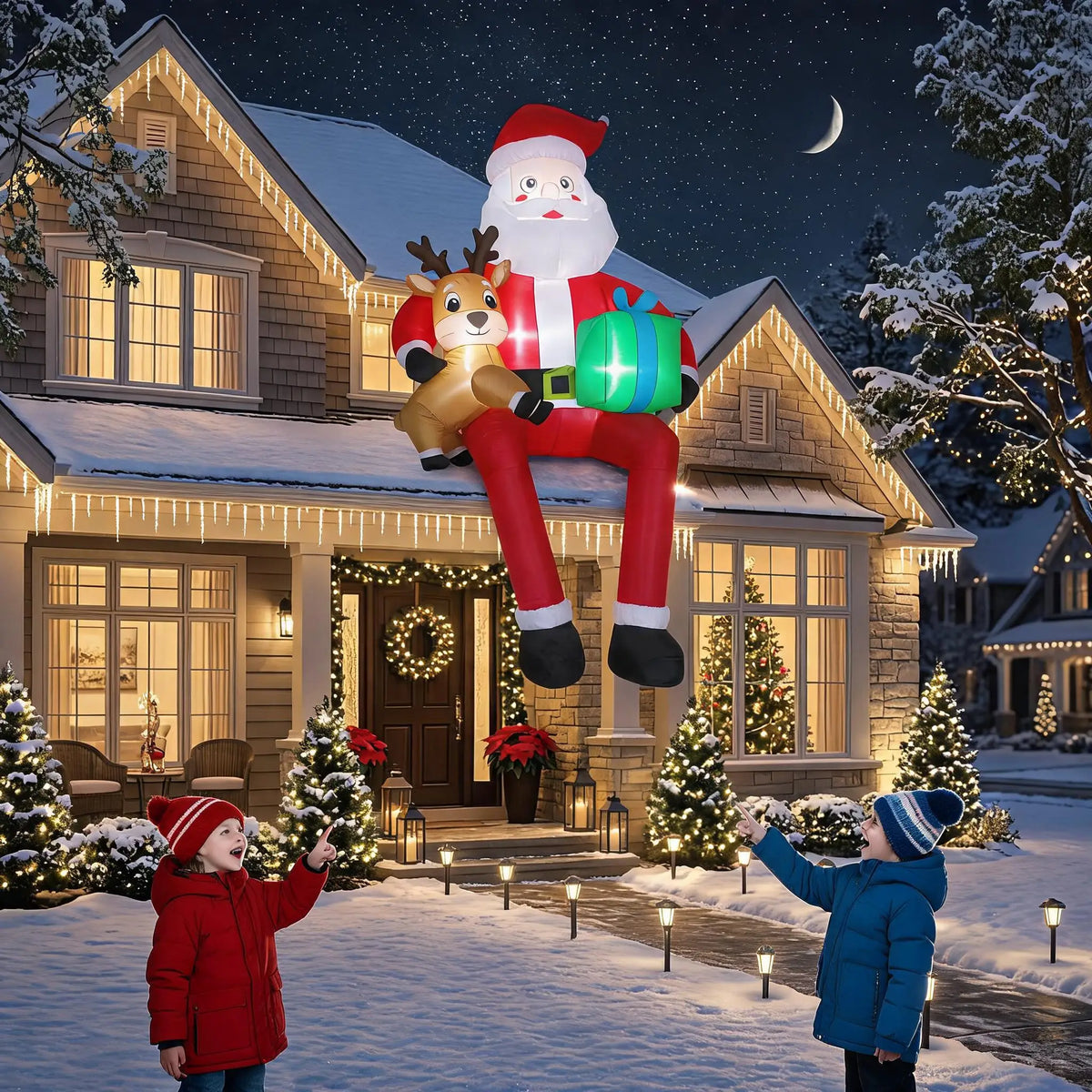 Lighted Christmas Inflatable Santa With Reindeer Outdoor Yard Display