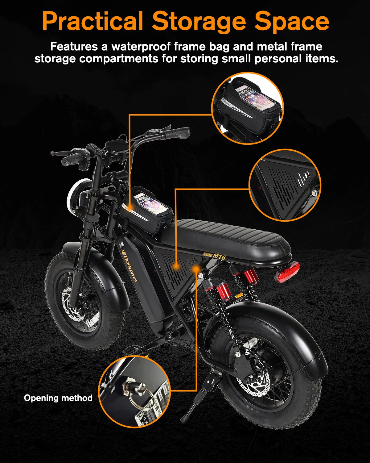 1500W peak Motor Bodywel M16 PRO Fat Tire Electric Bike, 48V 15.6Ah Removable Battery, 40 Mile Range,16"x4.0 Off-Road E-Bike, UL2849–Ships from US