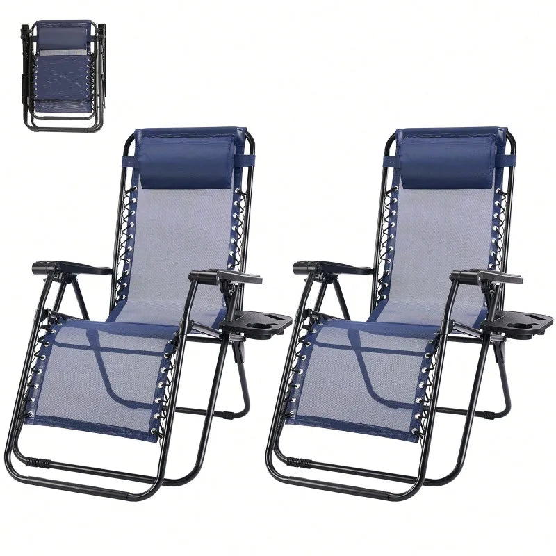 2PC Folding Chaise Lounge, Outdoor Sun Tanning Chairs With Pillow, Zero Gravity Chairs With Reclining Back Cup Holder, Steel Frame & Breathable Mesh For Beach, Yard, Patio, Poolside