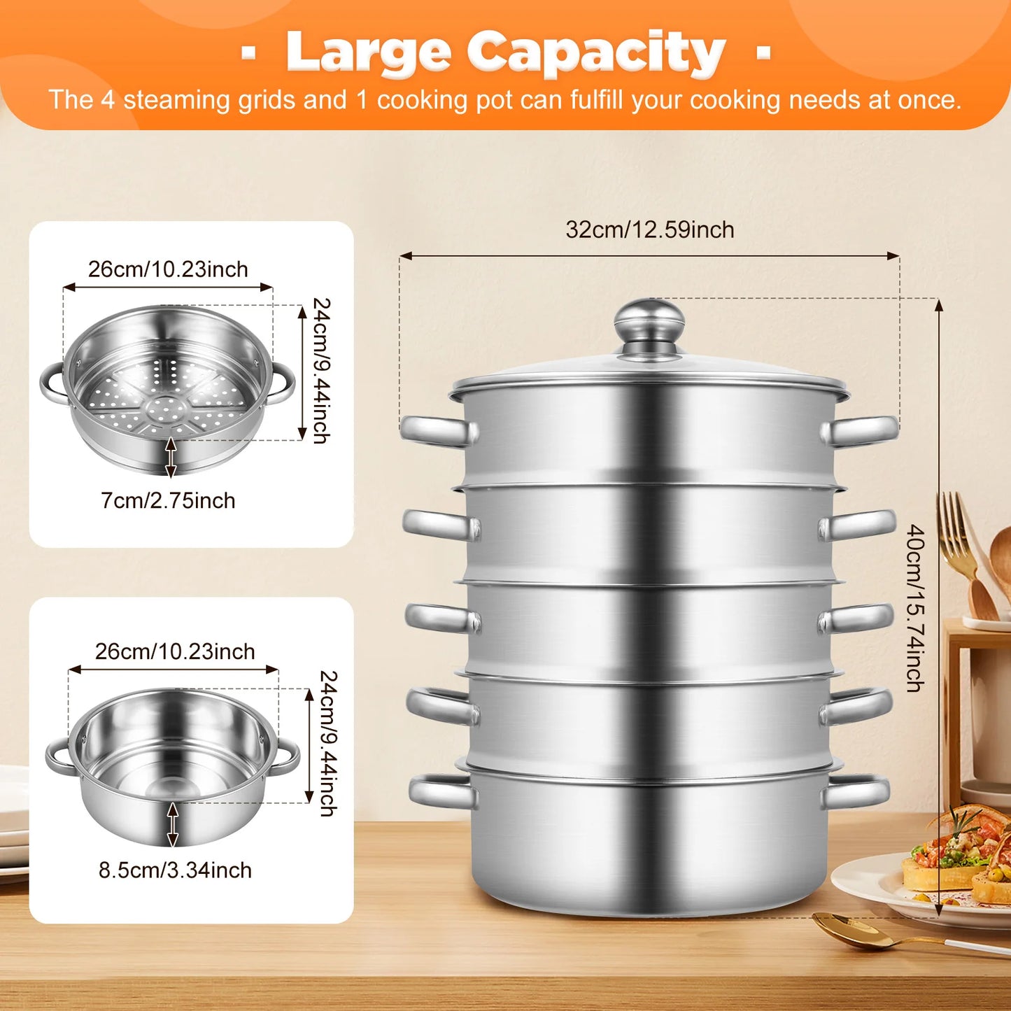 5-Tier Stainless Steel Steamer Pot With Grids For Cooking