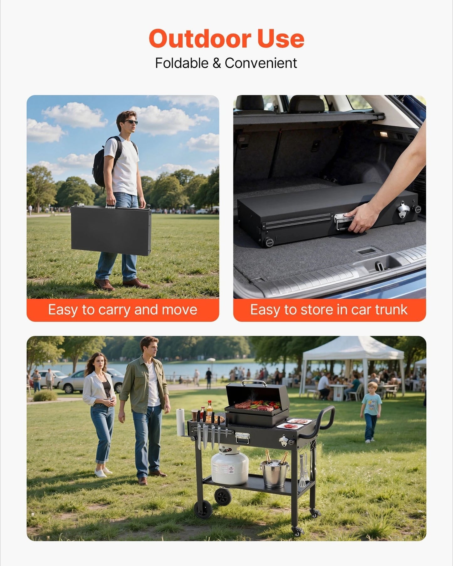 Outdoor Grill Cart, 31.0 X 17.0 Inch Tabletop Size Grilling Table, Foldable Outdoor Cooking Table with Tissue Holder, Wheels, Magnetic Tool Rack, BBQ Prep Tables for Picnic, Kitchen, Courtyard
