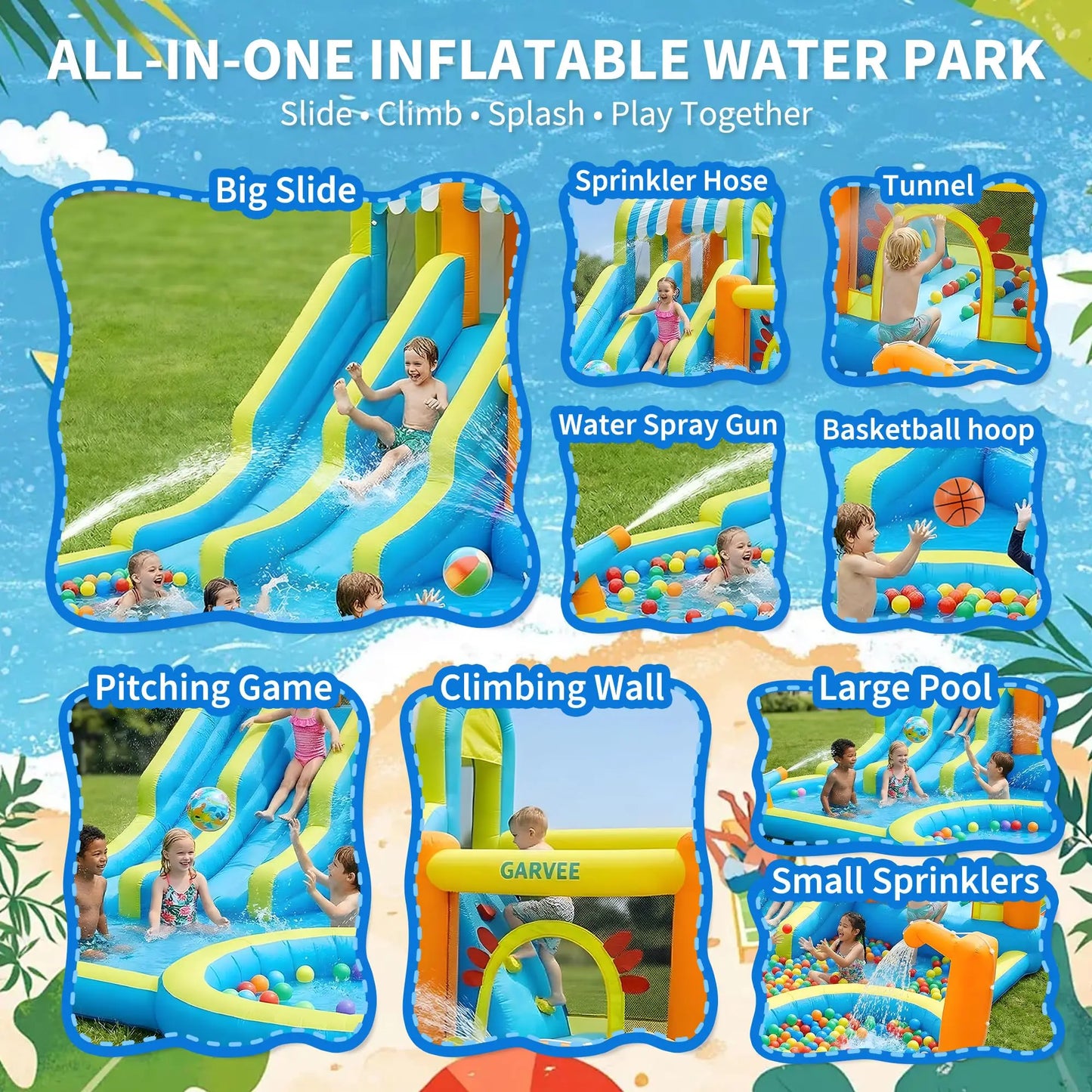 Inflatable Water Slide Bounce House 8-in-1 Kids Water Park With 550W Blower, Double Slides, Pool, Climbing Walls, Backyard Play