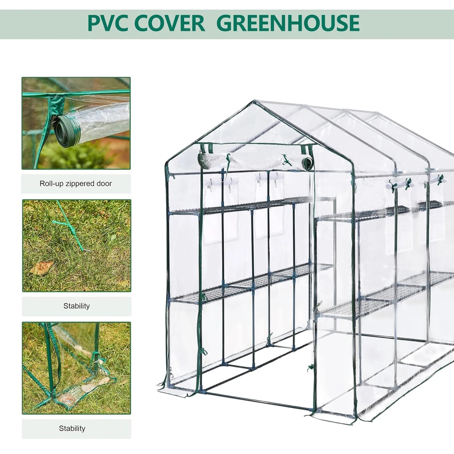 57x85x77in Walk-In Greenhouse With 8 Shelves, PE Cover, Mesh Windows & Zipper Door, Heavy Duty Plant House For Garden Backyard Patio