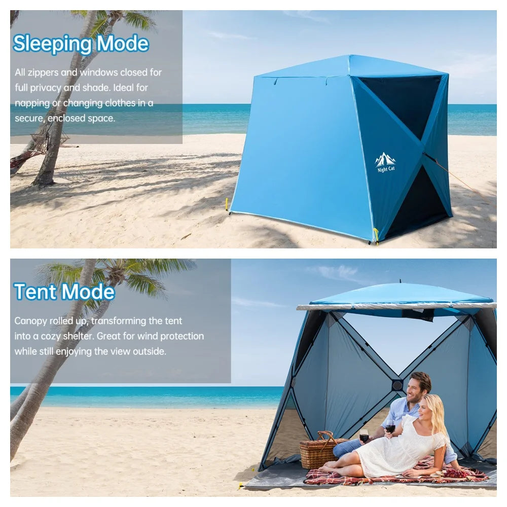 Night Cat Pop-up Beach Tent: 3 4 Persons Beach Shelter with Canopy and Footprint, UPF 50+ UV Protection Backyard Camping Outdoor Canopy Poles Not Included