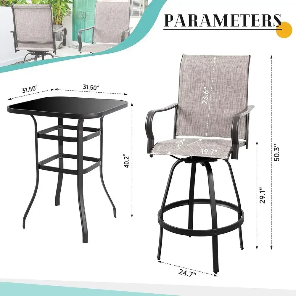 All-Weather Outdoor Swivel Bar Set with 2 High Chairs and Glass Table in Taupe