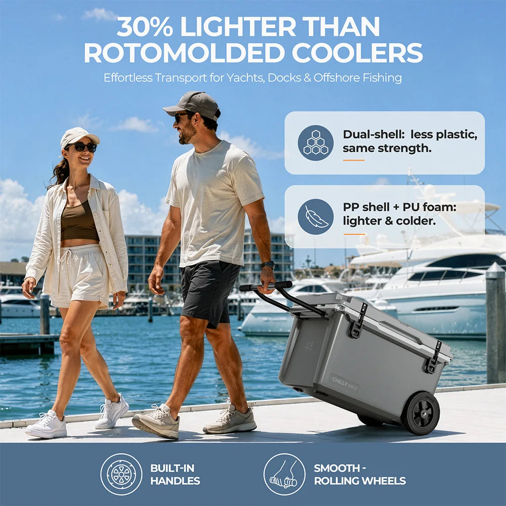 ChillyCode Khaki Grey Ultra Light Hard Cooler, 48QT Refrigerator 7-Day Cooling Leak Proof and Heavy-duty With All Terrain Wheels Suitable For Camping Beach Fishing Boat and Outdoor