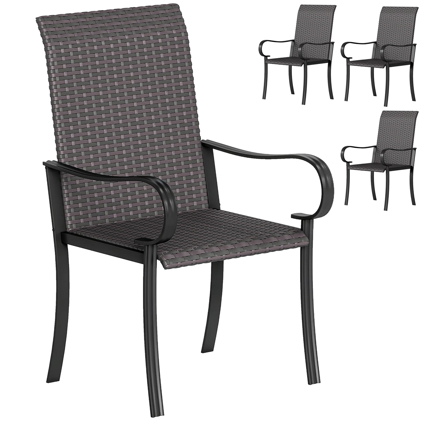 Set of 4 Outdoor Wicker Dining Chairs, All-Weather Rattan Armchairs with Armrests, Steel Frame, High Back and Deep Seating, Brown