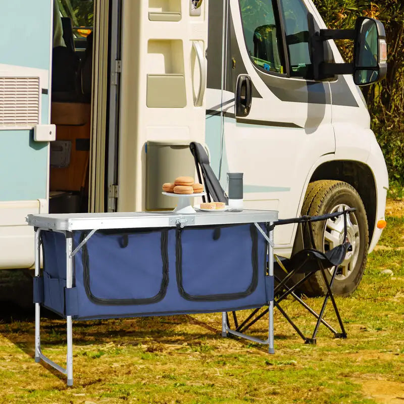 4ft Off-white MDF Desktop Outdoor Folding Table Aluminum Frame Rectangular with Blue Fabric Cabinet 3 Height Adjustments