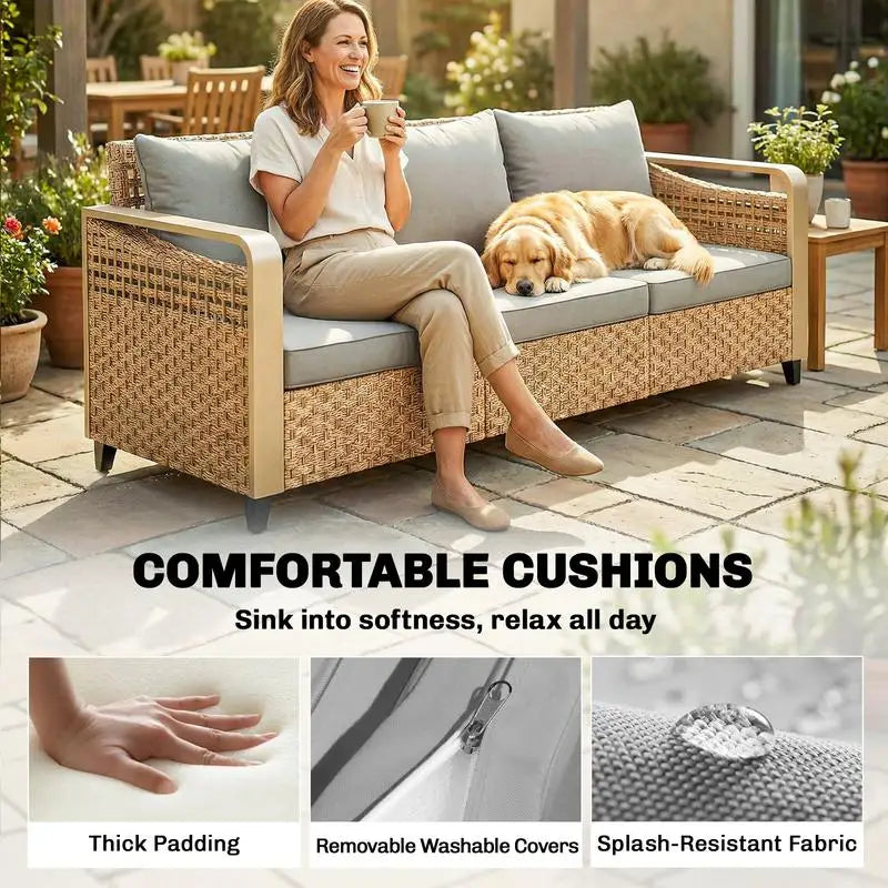 Rattan Wicker Sofa Three Seater Outdoor Patio Sofa With Cushions