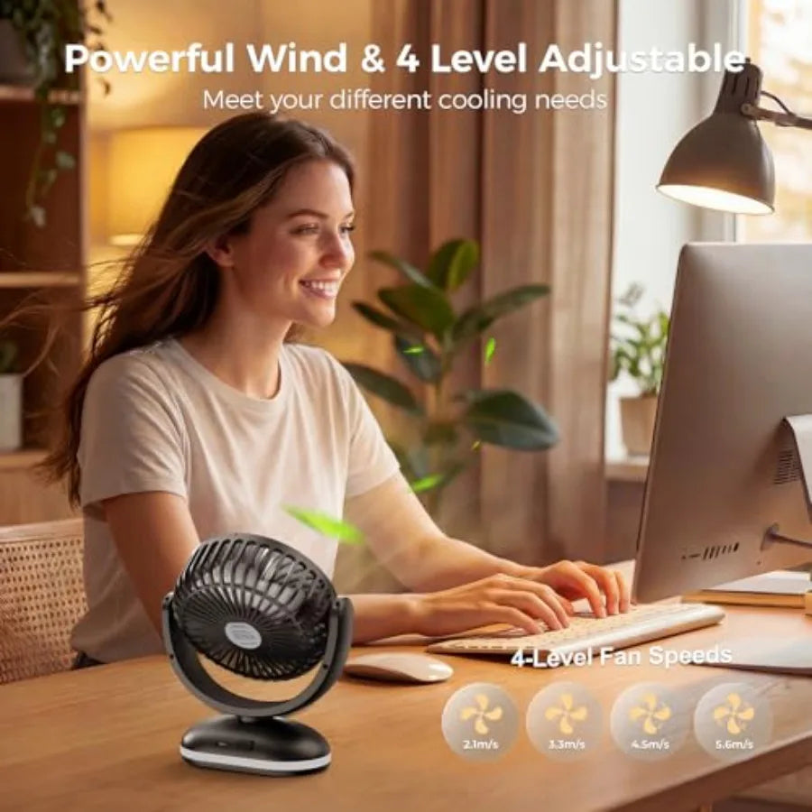 Small Desk Fan Portable Rechargeable Fan for Travel, Smart Display and LED Light, 31H Runtime, 4 Speeds Mini Battery Operated F