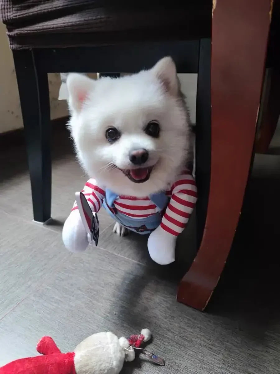 In Stock Halloween Chucky Doll Pet Costume, Funny 3D Upright Dog Cat Outfit, Cosplay Party Clothes for Small Medium Puppy Kitten