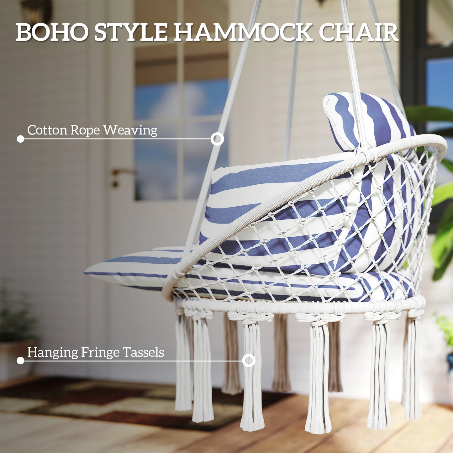 Hanging Hammock Chair with Cushion, Macrame Swing Chair, Blue