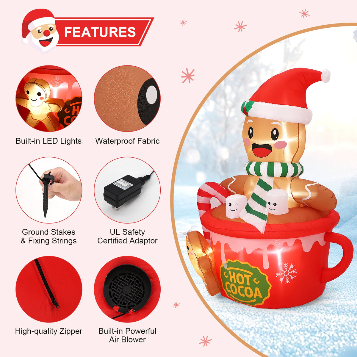 HiMISS Gingerbread Hot Cocoa Mug Christmas Inflatable LED Yard Decoration